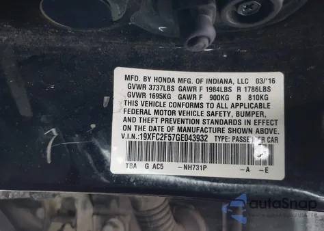 2016 Honda Civic Lx из США, поврежденный, VIN 19XFC2F57GE043932